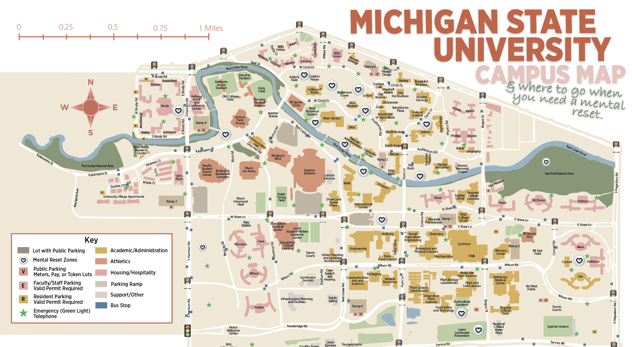 Michigan State University campus map showing mental reset locations across campus